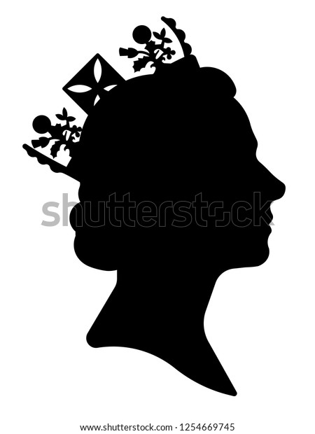 Black silhouette of Queen Elizabeth. Traditional\
image of the queen side\
view.