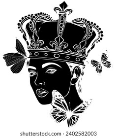 black silhouette of queen head with butterfly vector illustration isolated on white background.
