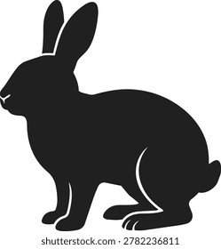 A black silhouette of a rabbit facing left, with long ears and a fluffy tail.