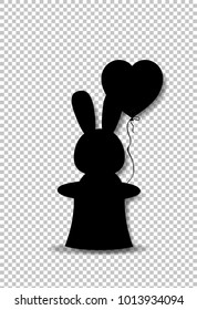 Black silhouette of rabbit with heart shaped balloon in the black magic top hat isolated on transparent background. Monochrome vector illustration, sign, symbol, icon, clip art for greeting design