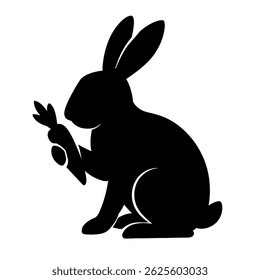 a black silhouette of a rabbit holding a carrot, perfect for easter designs and animal illustrations.
