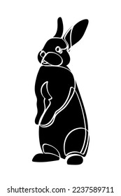 Black silhouette of rabbit on white background. Graphic drawing. Vector illustration.
