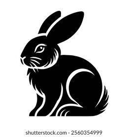 A black silhouette of a rabbit in a seated position against a plain white background