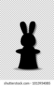 Black silhouette of rabbit sitting in the magic cylinder top hat isolated on transparent background. Monochrome vector illustration, sign, symbol, icon, clip art for design.