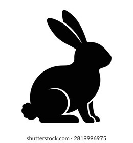 A black silhouette of a rabbit sitting on a white background with long ears perked up