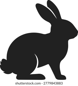 A black silhouette of a rabbit in a sitting position with its ears upright, showcasing its distinct profile.