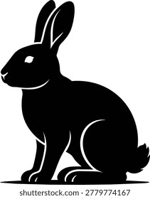A black silhouette of a rabbit sitting upright, facing left with its long ears pointed upwards.