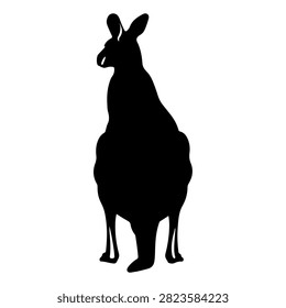 A black silhouette of a rabbit standing upright, isolated on a white background, showcasing its ears and body posture clearly.