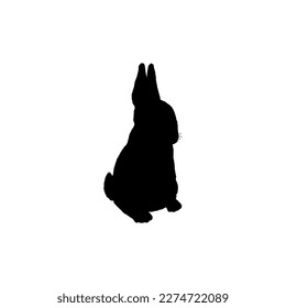Black silhouette of rabbit stands on hind legs flat style, vector illustration isolated on white background. Listening animal, ears up, Easter sign, design element