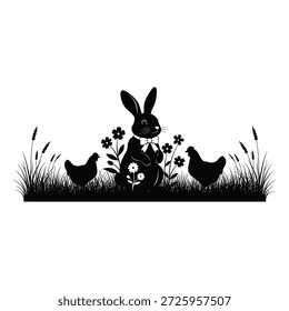 Black silhouette of a rabbit and two chickens in a field of flowers and grass