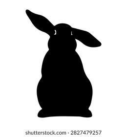 A black silhouette of a rabbit with upright ears, set against a plain white background, emphasizing the animals shape and form.