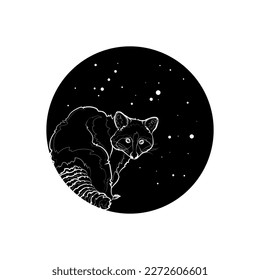 Black silhouette of the raccoon in black circle. Graphic drawing. Vector illustration.