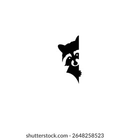 Uma silhueta preta de um guaxinim espiando atrás de um fundo branco A imagem é simples e minimalista em estilo