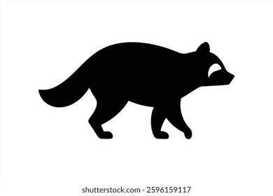 A black silhouette of a raccoon is shown walking confidently. The animal is depicted in a side view, capturing its distinctive features and playful nature against a clean white backdrop.
