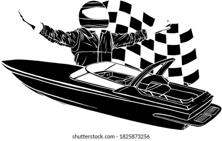 black silhouette racing boats at the finish line. View from above. Vector.