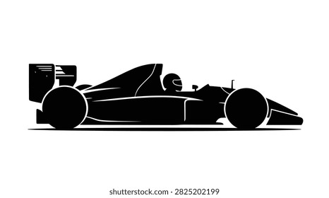 Black silhouette of a racing car in side profile isolated for automotive print design