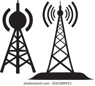 black silhouette radio and wi-fi towers with antennas