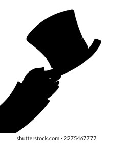 Black silhouette with raised hand holding an elegant top hat over white background.