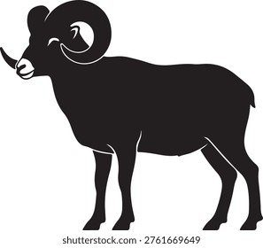 Black silhouette ram with large curled horns, vector icon bighorn sheep animal, wildlife, isolated on transparent background