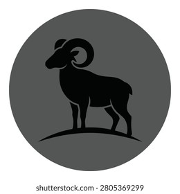 Black silhouette of a ram standing on a hill in a circle icon