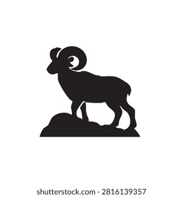Black silhouette of a ram standing on a mountain rock isolated on white background, Vector