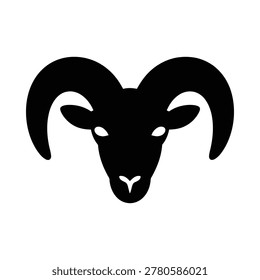 Black silhouette of a ram's head with large, curved horns against a white background.