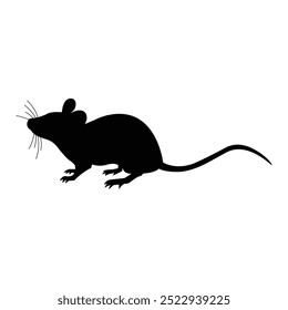 Black silhouette of a rat with a long tail and whiskers, facing left on a white background.