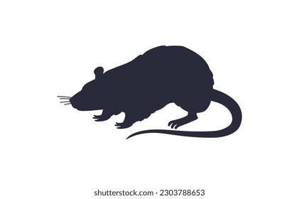 Silueta negra de rata o ratón, ilustración vectorial plana aislada sobre fondo blanco. Silueta de mascotas domésticas. Dibujo de roedor con cola larga.