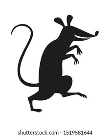 The black silhouette of rat or mouse on white background. Vector illustration.