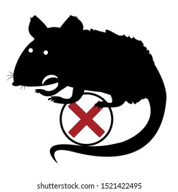 The black silhouette of a rat or mouse sits with a tail, paws and ears on a white background with a red cross-out 