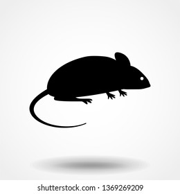 The black silhouette of a rat or mouse is sitting with a tail, paws and ears on a white background