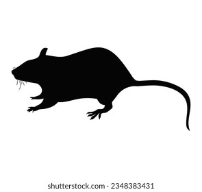 The black silhouette of a rat or mouse is sitting with a tail, paws and ears on a white background