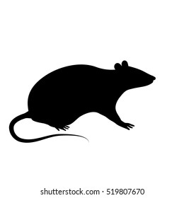 The black silhouette of a rat or mouse is sitting with a tail, paws and ears on a white background