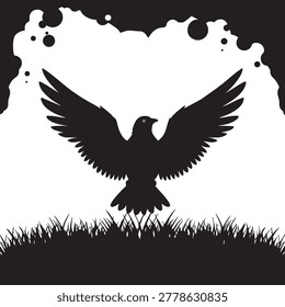 Black silhouette of a raven bird taking flight from grass in a meadow with silhouette wildlife illustration isolated birdlife