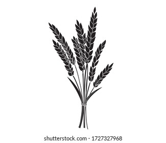 Black silhouette of a realistic bouquet of wheat spikelets in isolate on a white background. Vector illustration.