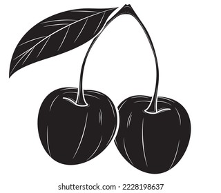 Silueta negra de cereza realista aislada sobre fondo blanco. Ilustración vectorial.