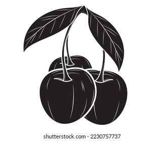 Silueta negra de cereza realista aislada sobre fondo blanco. Ilustración vectorial.