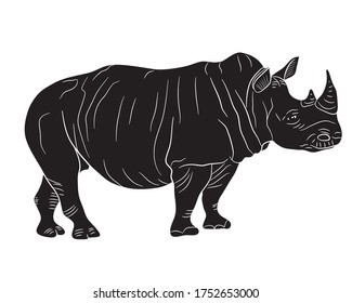 Black silhouette of a realistic illustration of a rhino in clipart style in isolate on a white background. African animal.Vector illustration.