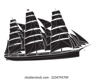 Black silhouette of Realistic sailing ship. Sailboat at sea. Vector illustration.