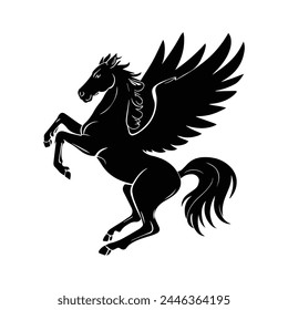 Schwarze Silhouette eines aufwachsenden Pegasus Pferdes mit dicker Umrissansicht auf weißem Hintergrund. Vektorillustration