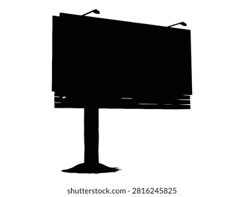 A black silhouette of a rectangular billboard sign with two overhead lamps mounted on a single pole, isolated on a plain white background.