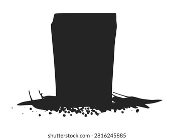Black silhouette of a rectangular food packaging pouch surrounded by loose grains and leaves, isolated on a white background,