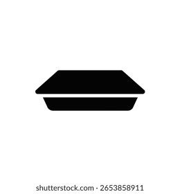 A black silhouette of a rectangular lunch tray is centrally positioned against a white background The image is a simple vector graphic with solid black fill and no additional details.