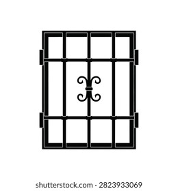 Black silhouette of a rectangular metal window security grille with ornate center