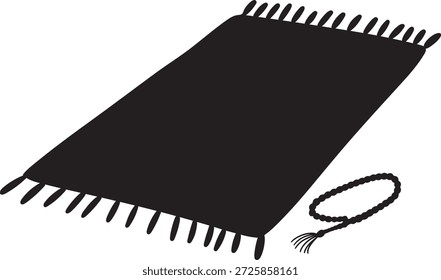 Se representa una silueta negra de una alfombra de oración rectangular con borlas en ambos extremos. A la derecha de la alfombra, una cadena de cuentas de oración, también en silueta, se muestra con una borla. La Imagen está aislada sobre un fondo blanco, creando una representación limpia y gráfica de los elementos religiosos islámicos.