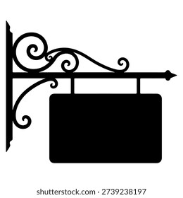 A black silhouette of a rectangular sign hanging from an ornate, decorative bracket mounted on a wall.