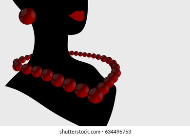 Black silhouette with red lips and round red beads on a white background