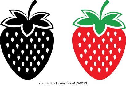 Black silhouette and red stylized strawberry with green leaves on white background