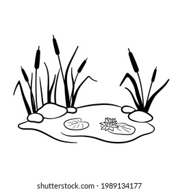 Black silhouette of reeds in swamp or pond with water lily. Vector illustration of wetland is isolated on white background.