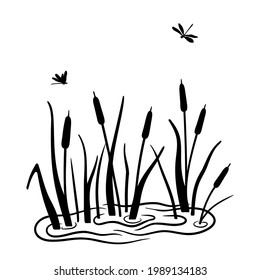 Black silhouette of reeds in swamp or pond with flying dragonflies. Vector illustration of water plants is isolated on white background.